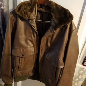 Brown leather bomber jacket